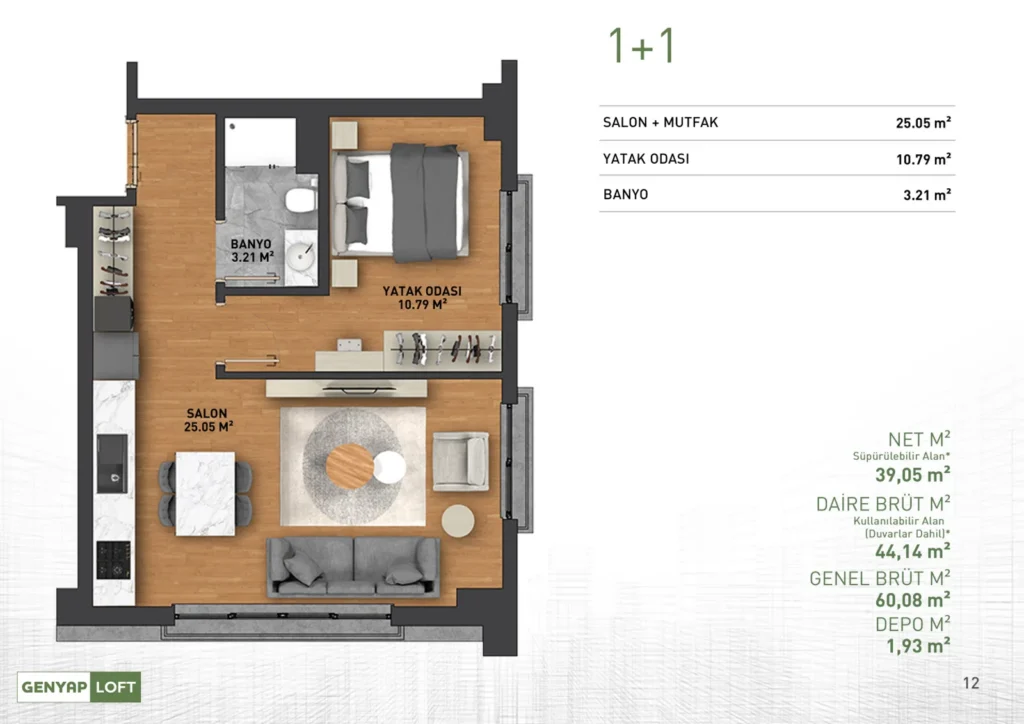 پلان آپارتمان ۱+۱ Genyap Loft کاغیتهانه (۶۰ متر)